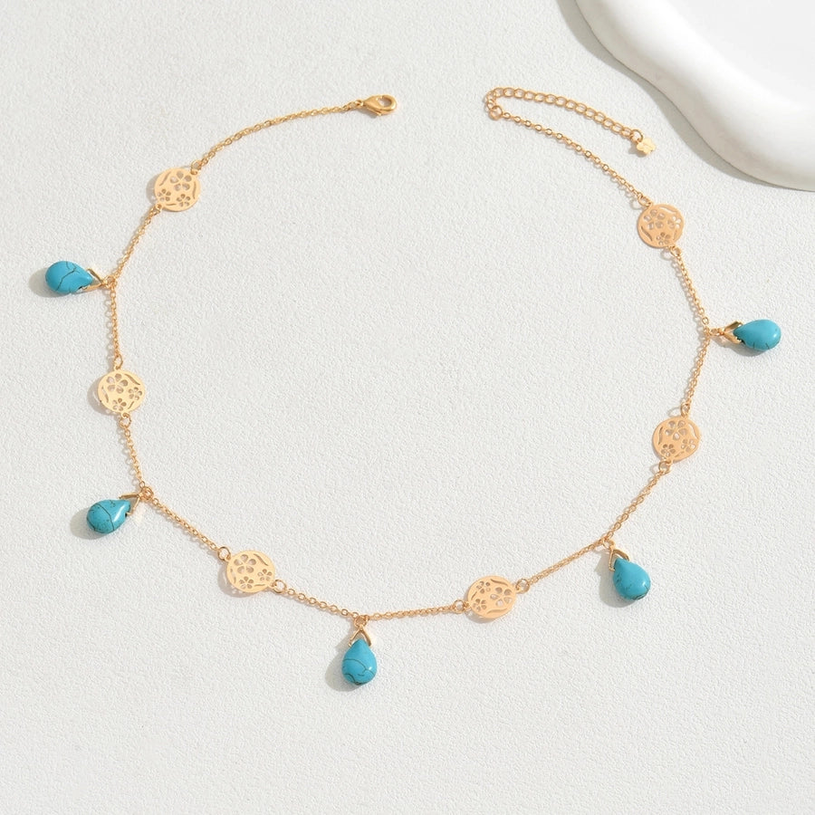 Copper 18K Gold Plated Inlay Flower Turquoise Pendant Necklace
