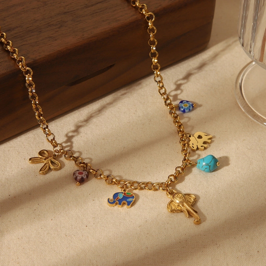 Jewelry Vintage Style Simple Style Artistic Elephant Butterfly Bow Knot 304 Stainless Steel Natural Stone 18K Gold Plated Epoxy Pendant Necklace