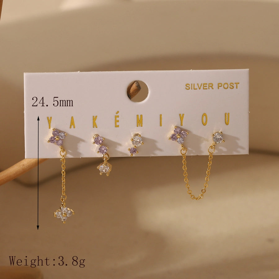 1 Set Elegant Simple Style Four Leaf Clover Bow Knot Inlay Copper Zircon 14K Gold Plated Ear Studs