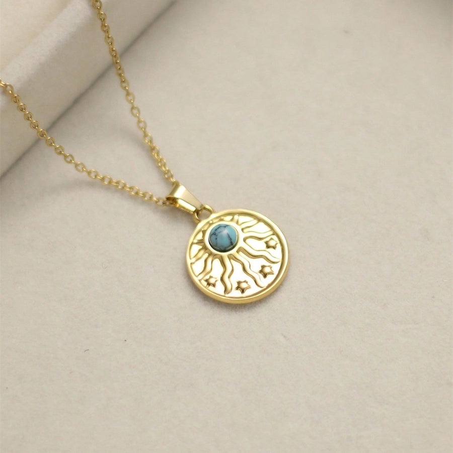 A Stainless Steel Plated 18K Gold Love Blue White Turquoise round Sun Light XINGX Red Turquoise Turquoise Green Natural Stone Pendant Necklace Ornament