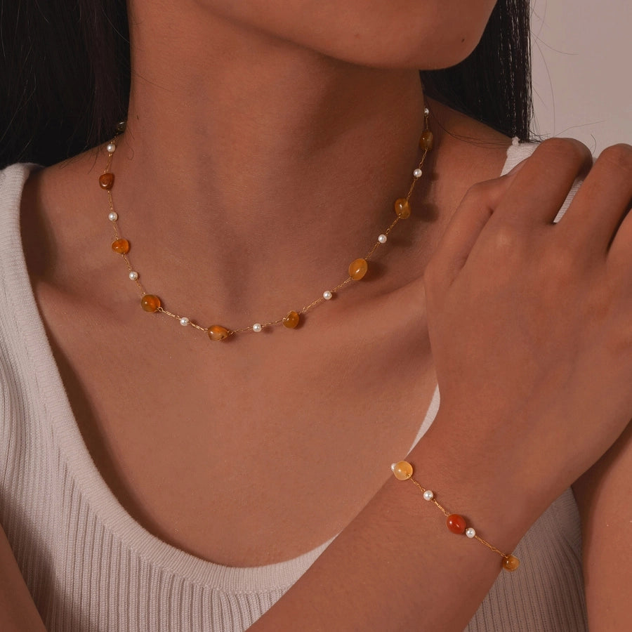 Stainless Steel Plated 18K Gold Chain Imitation Amber Stone Imitation Jade Imitation Pearl Chain Jewelry Suit Necklace