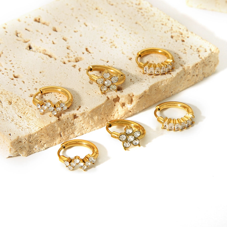 1 Pair Nordic Style French Style Flower Plating Inlay 304 Stainless Steel Rhinestones 18K Gold Plated Hoop Earrings