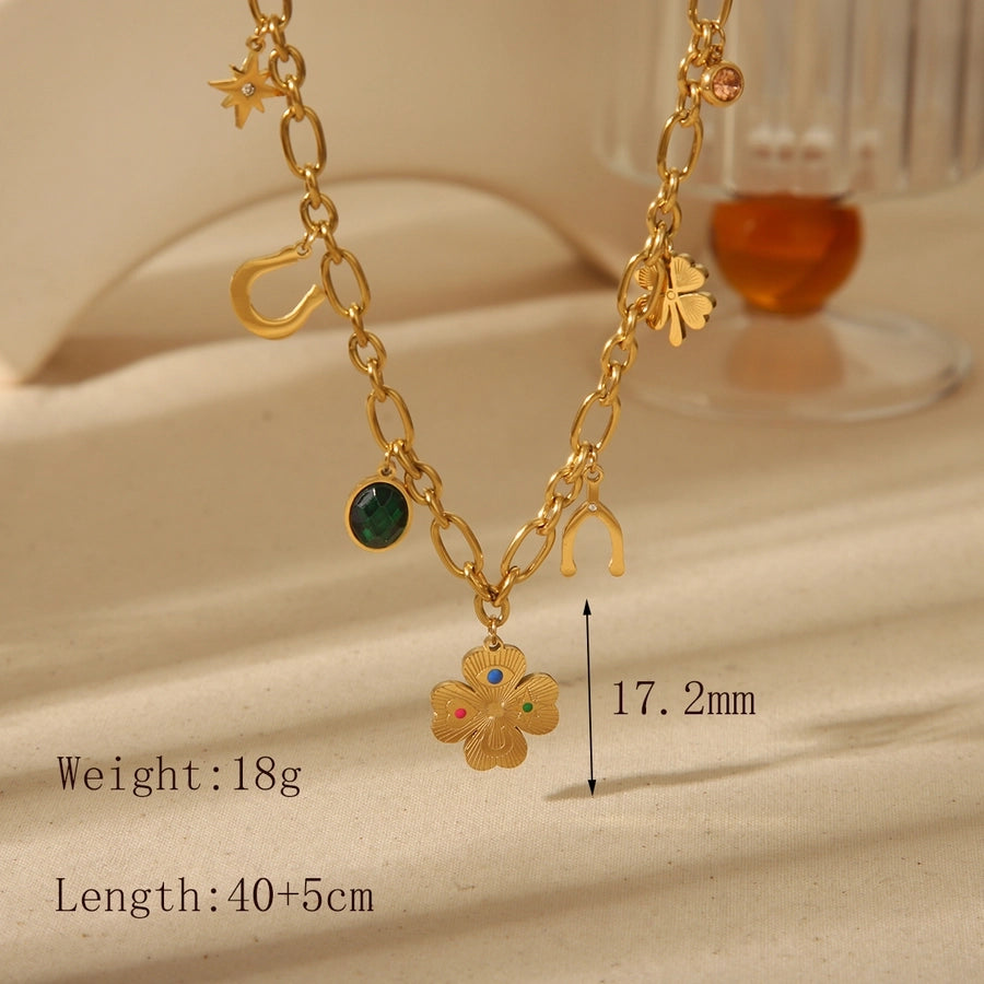 Jewelry Simple Style Classic Style Commute Four Leaf Clover Red Heart 304 Stainless Steel Acrylic Zircon 18K Gold Plated Plating Inlay Pendant Necklace