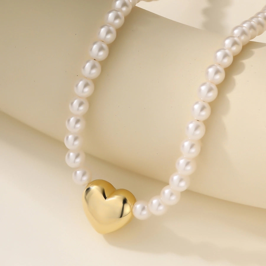 Copper 18K Gold Plated Asymmetrical Hollow Out Round Heart Shape Artificial Pearls Necklace