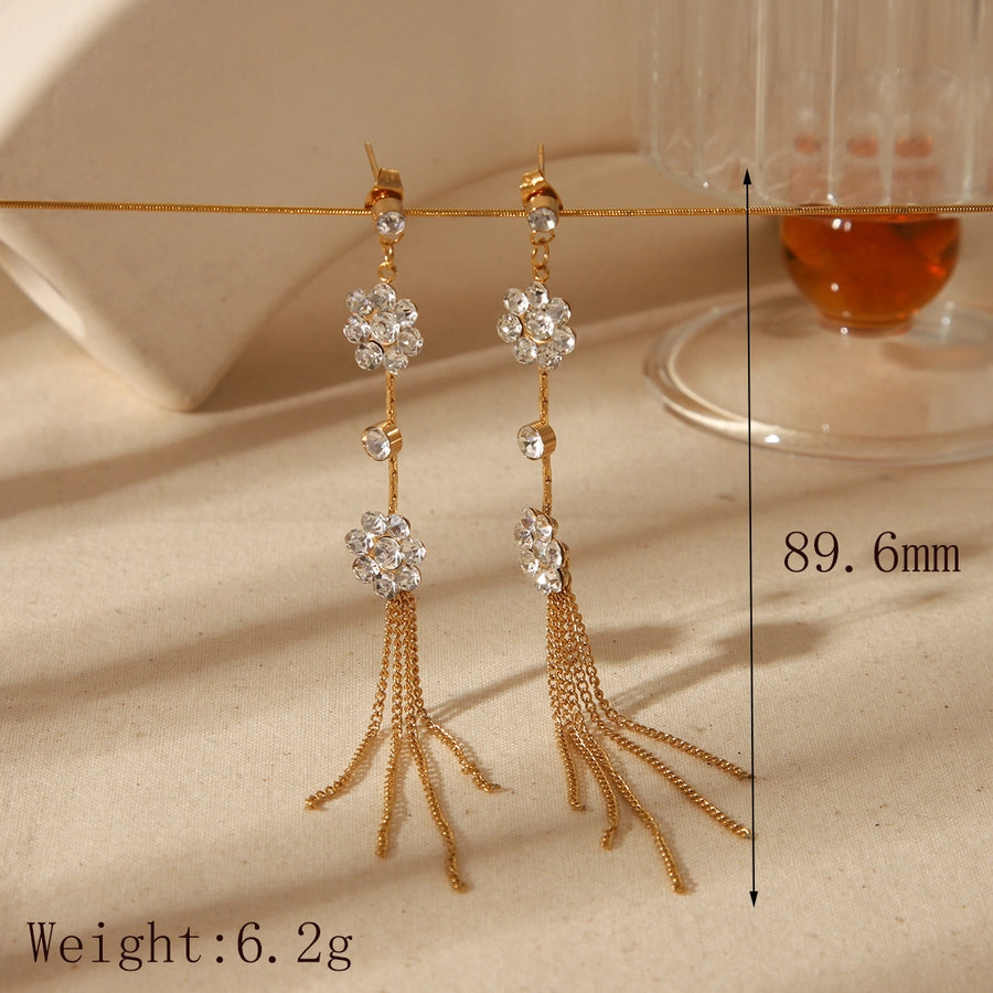 1 Pair Luxurious Simple Style Commute Flower Butterfly chain Inlay 304 Stainless Steel Acrylic Imitation Pearl Zircon 18K Gold Plated Drop Earrings