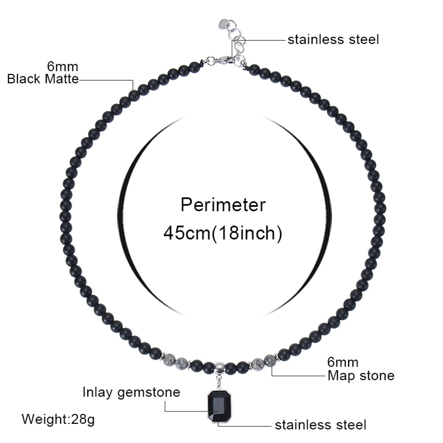 Retro Stainless Steel Black Gemstone Pendant Necklace Men's Frosted Stone Tigereye Beaded Hip Hop Necklace Women
