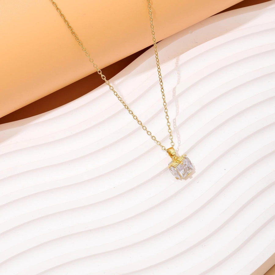 Copper 18K Gold Plated Plating Inlay Square Zircon Pendant Necklace