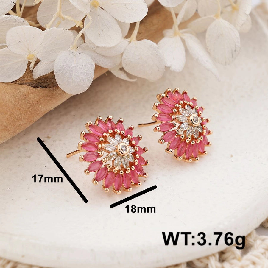 1 Pair IG Style Sweet Shiny Flower Hollow Out Inlay Copper Zircon Rose Gold Plated Ear Studs