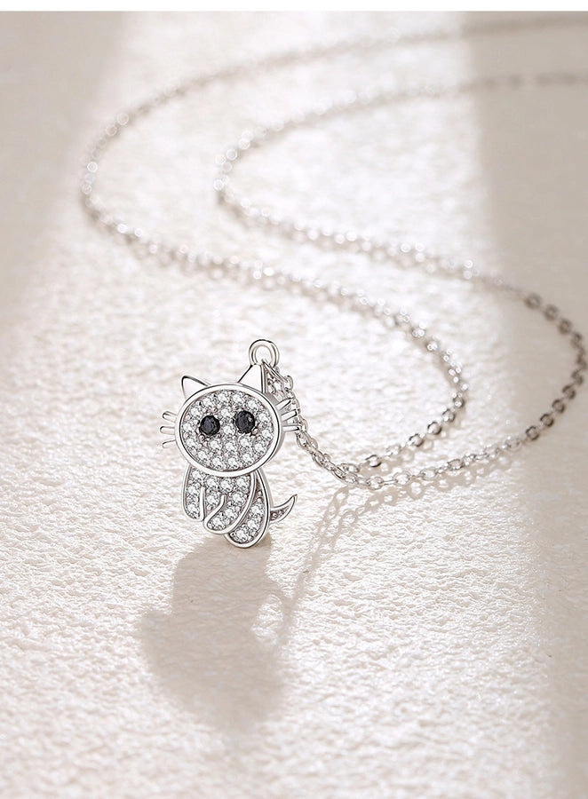 cute cat sterling silver polishing plating inlay zircon pendant necklace