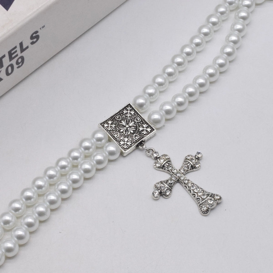 Vintage Pearl Double Layer Cross Necklace Female  Fashion Clavicle Chain Light Luxury Trend Niche Design