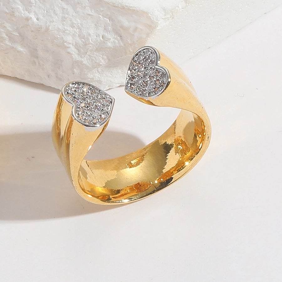 Copper 14K Gold Plated Hollow Out Inlay Heart Shape Zircon Open Rings