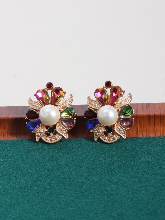1 pair glam lady shiny flower plating inlay imitation pearl alloy gem rhinestones pearl 18k gold plated ear studs