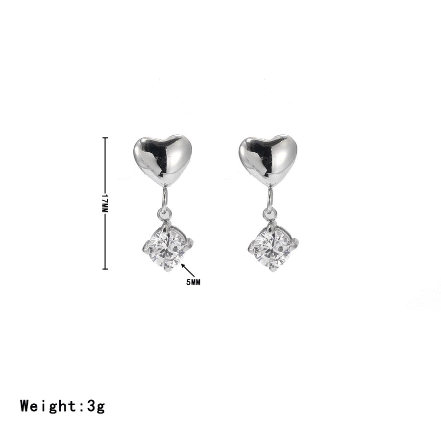 1 Pair Simple Style Heart Shape Plating Inlay Stainless Steel Zircon White Gold Plated Gold Plated Drop Earrings
