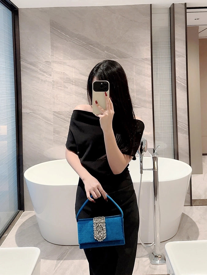 women's suede color block elegant classic style square buckle handbag evening bag