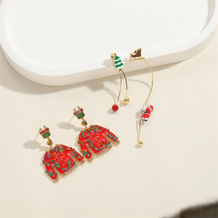 1 pair cute sweet santa claus snowflake enamel plating inlay alloy rhinestones gold drop earrings