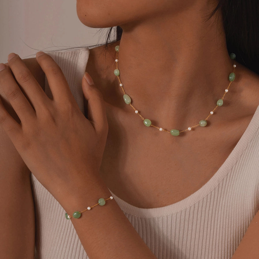 Stainless Steel Plated 18K Gold Chain Imitation Amber Stone Imitation Jade Imitation Pearl Chain Jewelry Suit Necklace