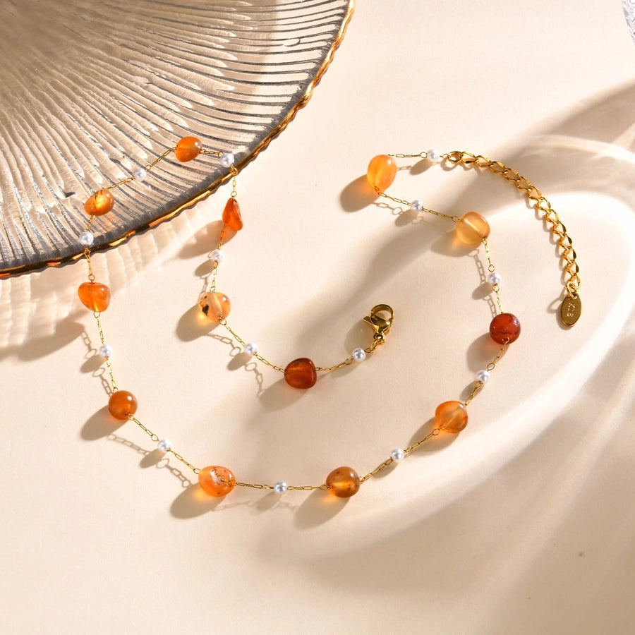 Stainless Steel Plated 18K Gold Chain Imitation Amber Stone Imitation Jade Imitation Pearl Chain Jewelry Suit Necklace