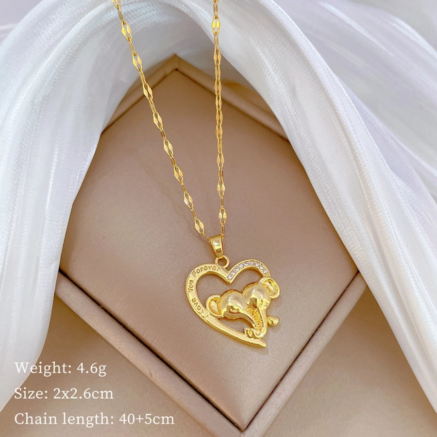 Titanium Steel Copper Hollow Out Inlay Heart Shape Elephant Zircon Pendant Necklace