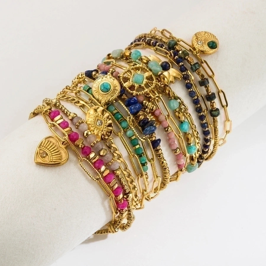 retro vacation heart shape eye stainless steel natural stone beaded plating inlay zircon 18k gold plated bracelets