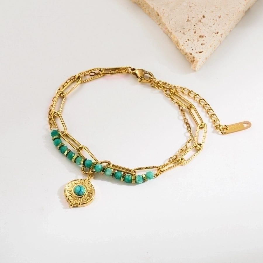 retro vacation heart shape eye stainless steel natural stone beaded plating inlay zircon 18k gold plated bracelets