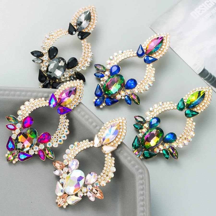retro style creative alloy diamond glass drill rhinestone flower earrings