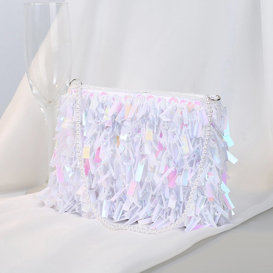 white black silver polyester solid color beading tassel square evening bags