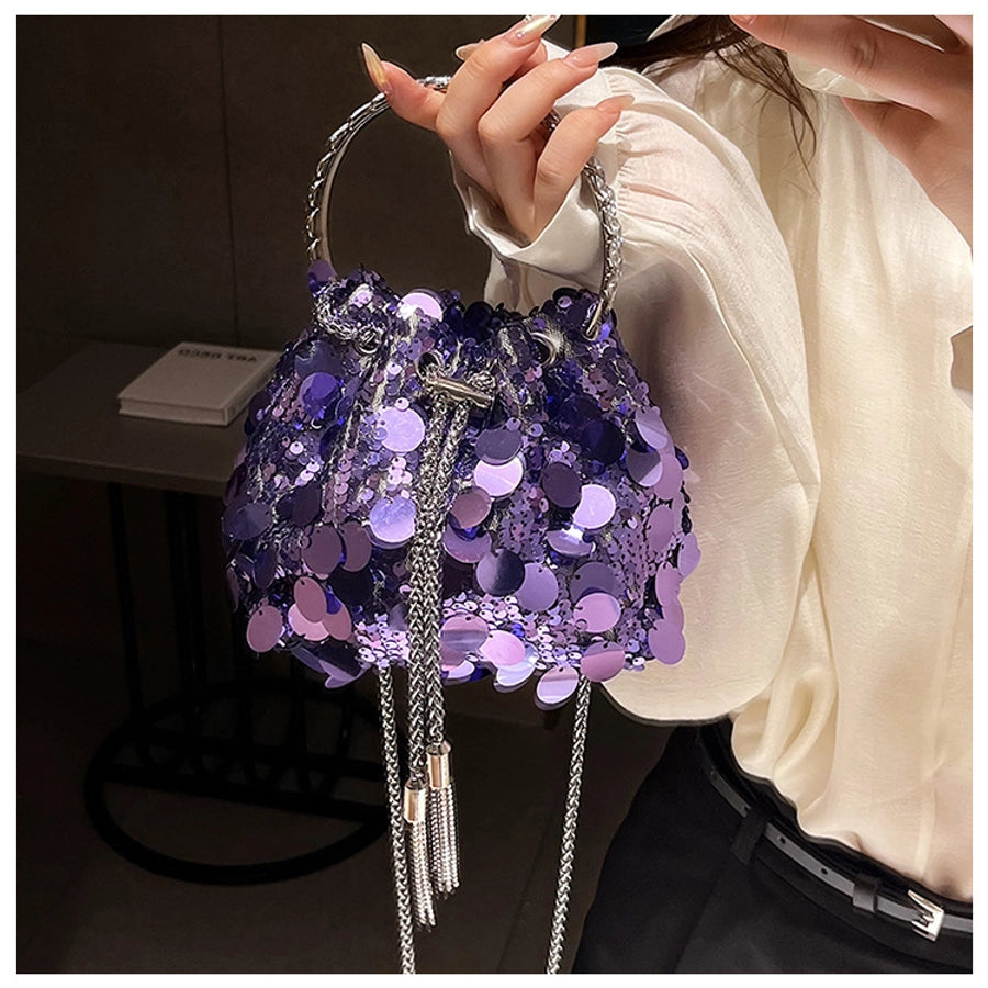 black yellow silver sequin solid color bucket evening bags