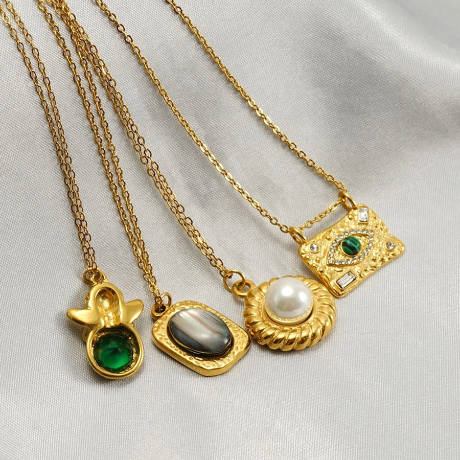 Jewelry Retro Oval Eye Stainless Steel Gem Pearl 18K Gold Plated Plating Inlay Pendant Necklace Long Necklace