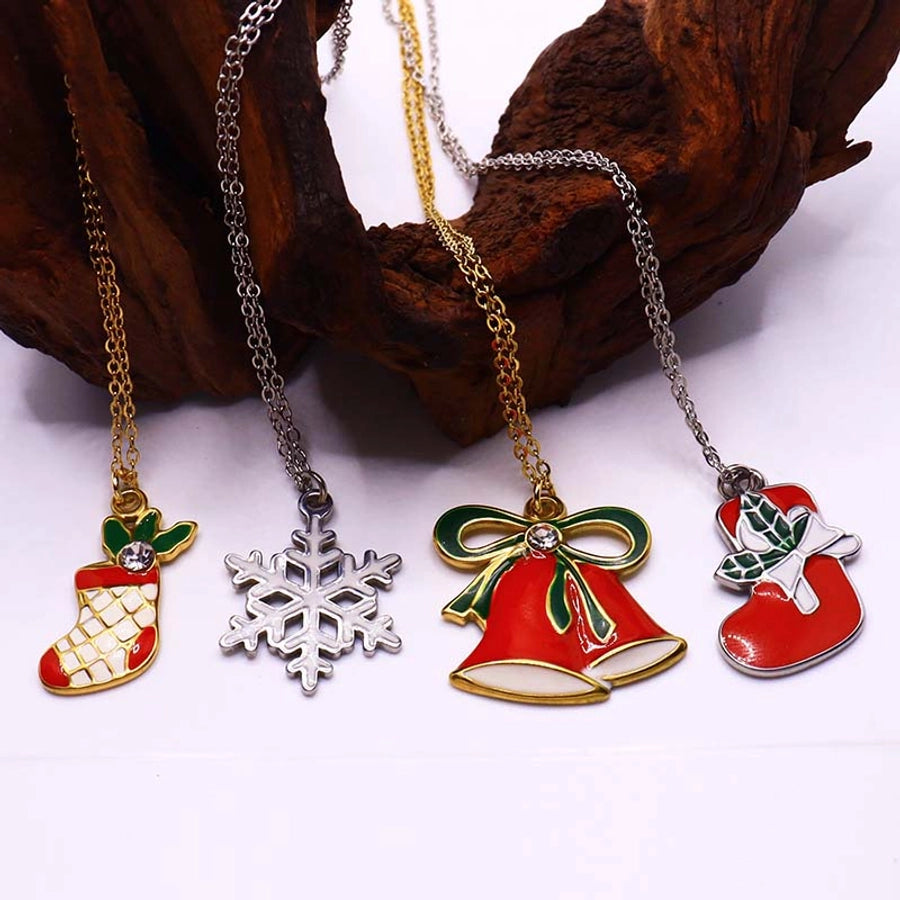 Cute Simple Style Christmas Socks Bell Snowflake 18K Gold Plated Silver Plated Zircon 304 Stainless Steel  Pendant Necklace