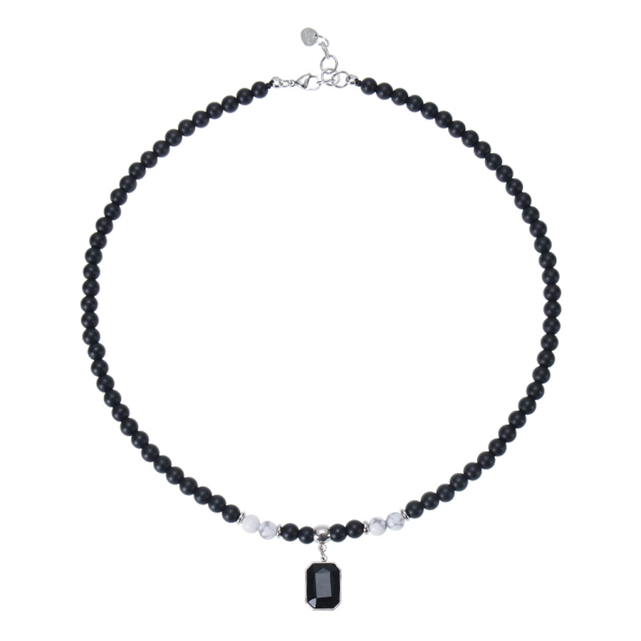 Retro Stainless Steel Black Gemstone Pendant Necklace Men's Frosted Stone Tigereye Beaded Hip Hop Necklace Women