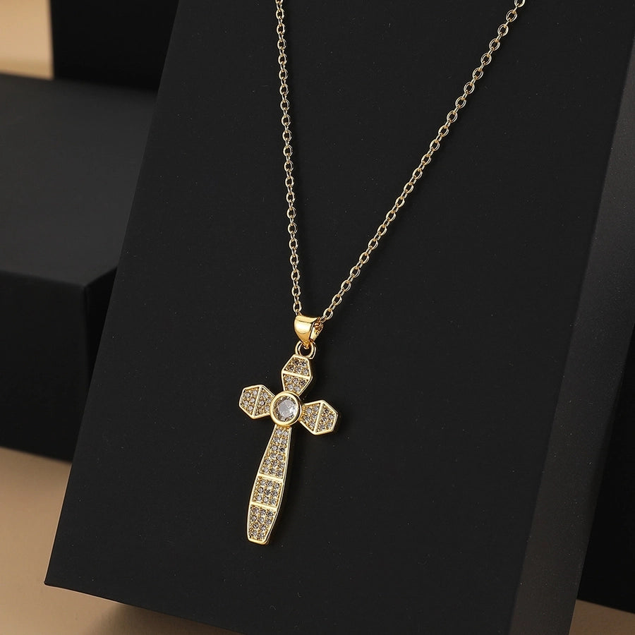 Copper Gold Plated Plating Inlay Cross Zircon Pendant Necklace