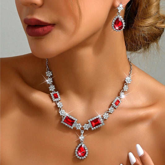 Diamond-encrusted Blue Square Water Drop Necklace Earrings Set Elegant Elegant Clavicle Chain New Style Light Luxury High-grade Necklace