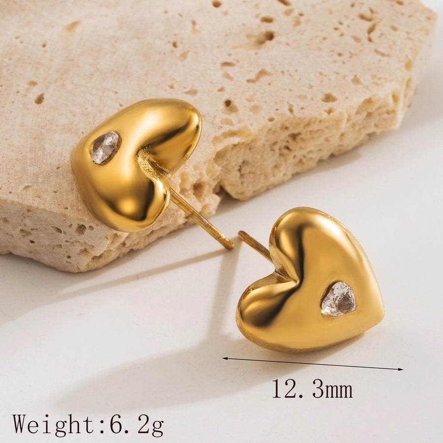 1 Pair Basic Sweet Heart Shape 304 Stainless Steel Zircon 18K Gold Plated Ear Studs