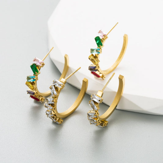 1 Pair Classic Style C Shape Inlay 304 Stainless Steel Rhinestones 18K Gold Plated Ear Studs