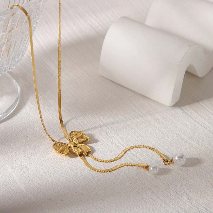 Jewelry Simple Style Flower 304 Stainless Steel Artificial Pearls 18K Gold Plated Inlay Pendant Necklace
