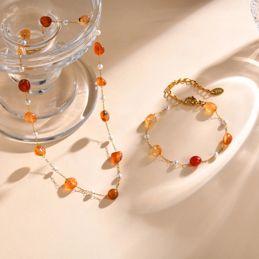 Stainless Steel Plated 18K Gold Chain Imitation Amber Stone Imitation Jade Imitation Pearl Chain Jewelry Suit Necklace