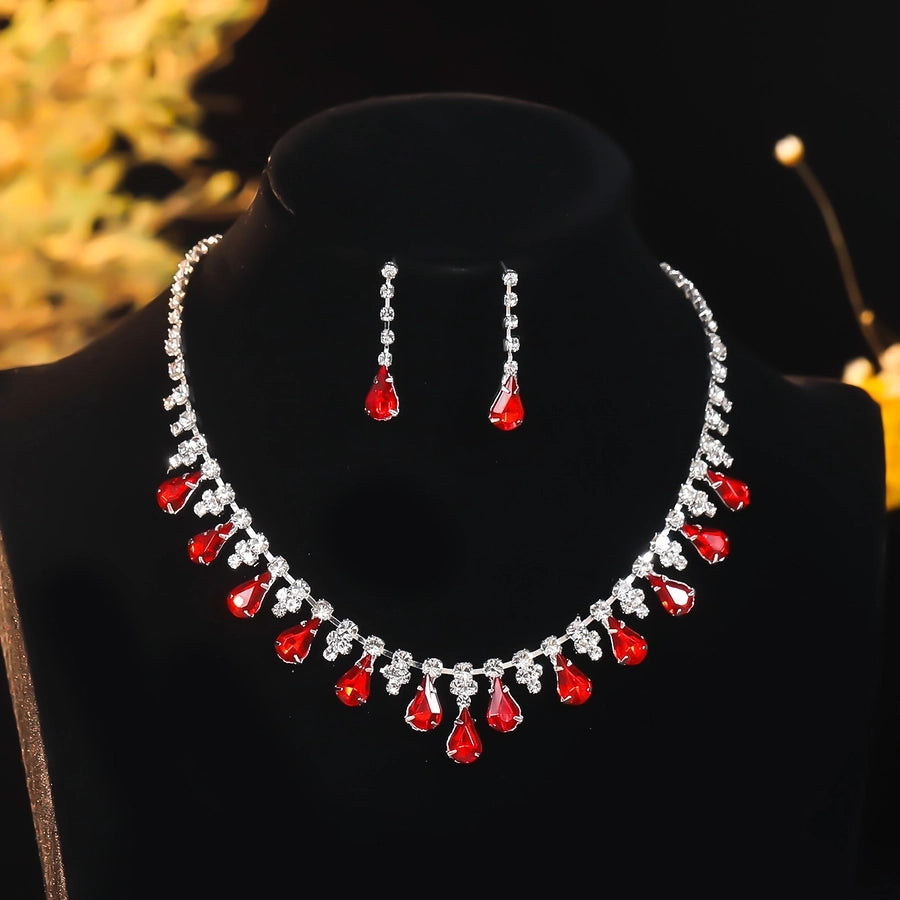 Copper Inlay Tassel Rhinestones Earrings Necklace Jewelry Set